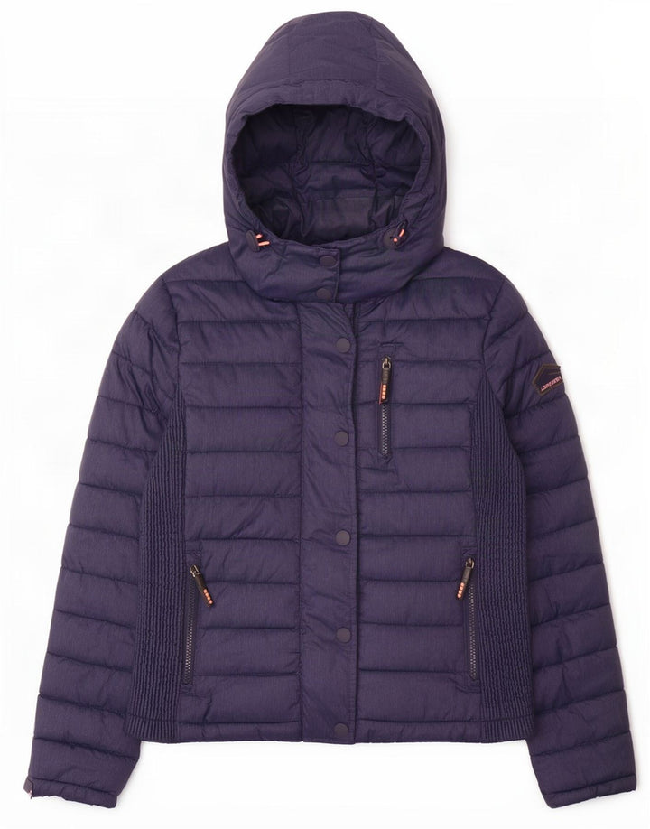 Superdry Womens Hooded Padded Jacket UK 14 Large Navy Blue Polyester