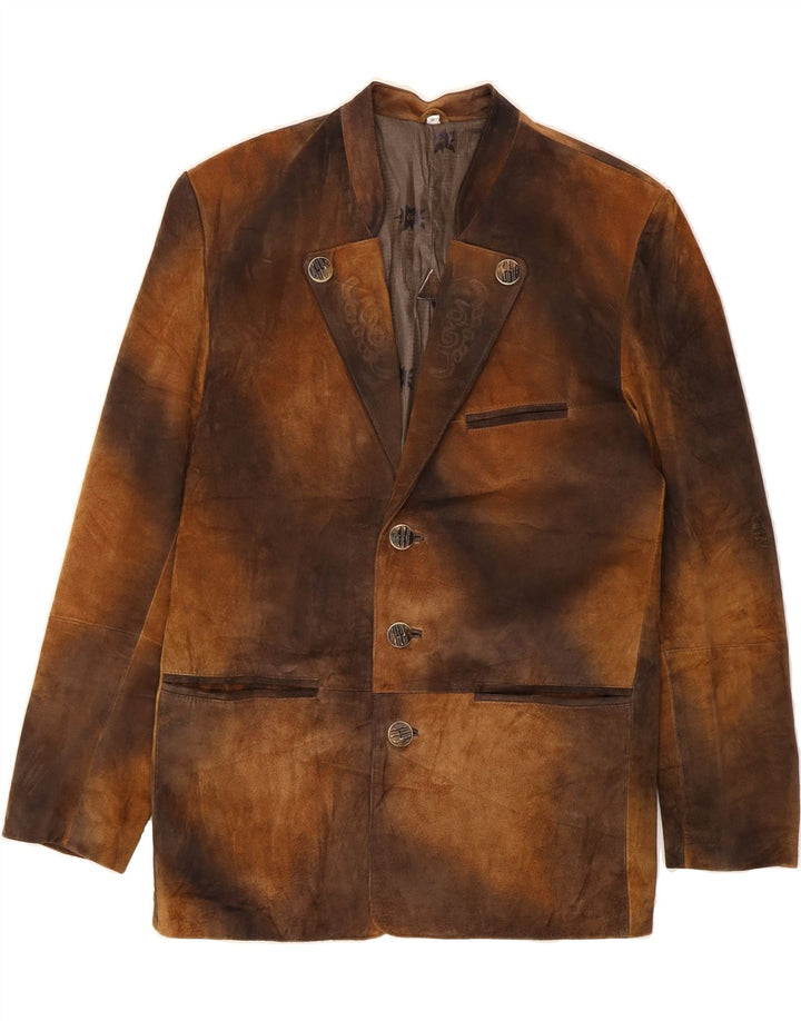 VINTAGE Mens 3 Button Blazer Jacket IT 48 Medium Brown Tie Dye Leather