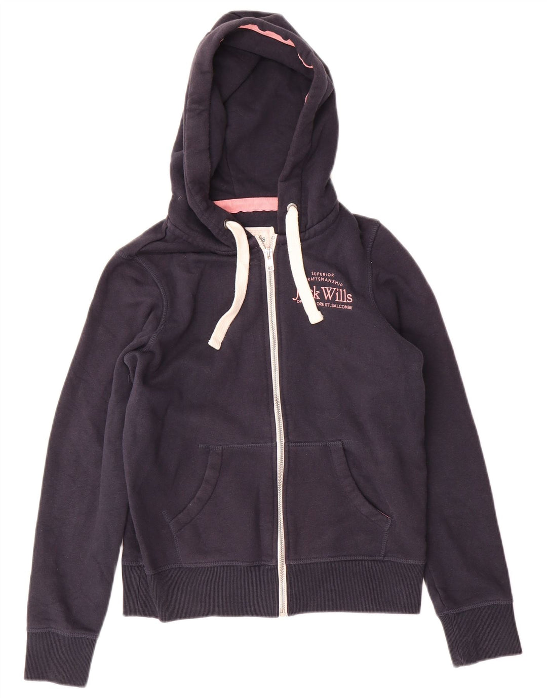 JACK WILLS Womens Graphic Zip Hoodie Sweater UK 8 Small Navy Blue Cotton