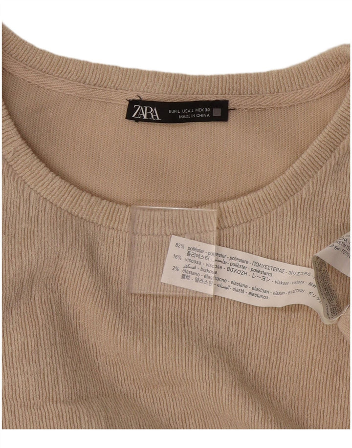 Zara Womens Long Sleeve Oversized Blouse Top UK 16 Large Beige Polyester