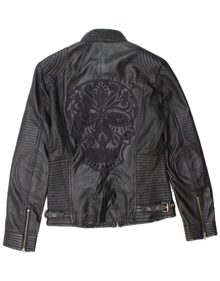 Vintage Womens Graphic Leather Biker Jacket EU 38 Medium Black Leather