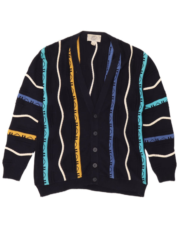 Vintage Mens Cardigan Sweater Medium Navy Blue Striped Cotton