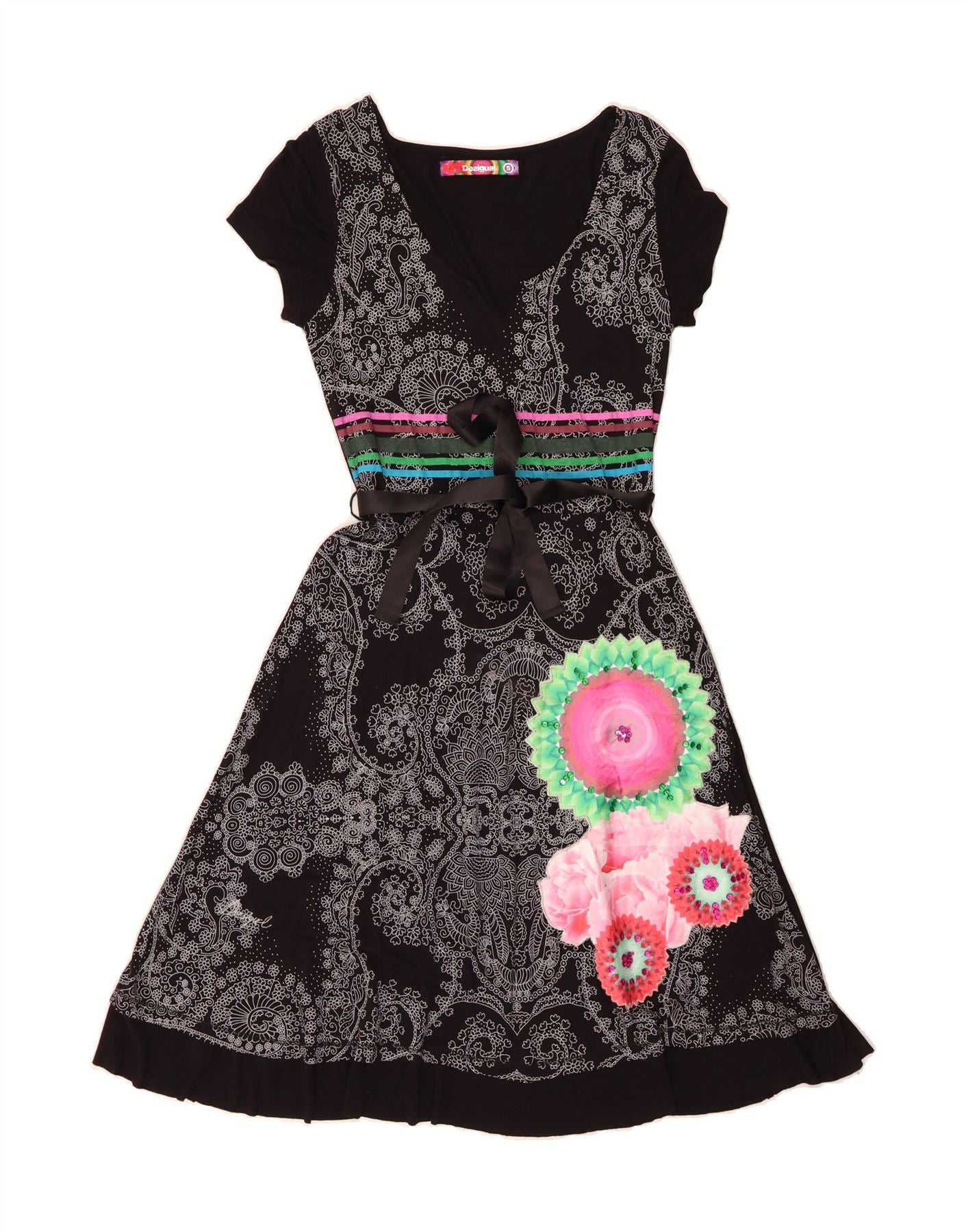 DESIGUAL Womens Graphic A-Line Dress UK 10 Small Black Floral