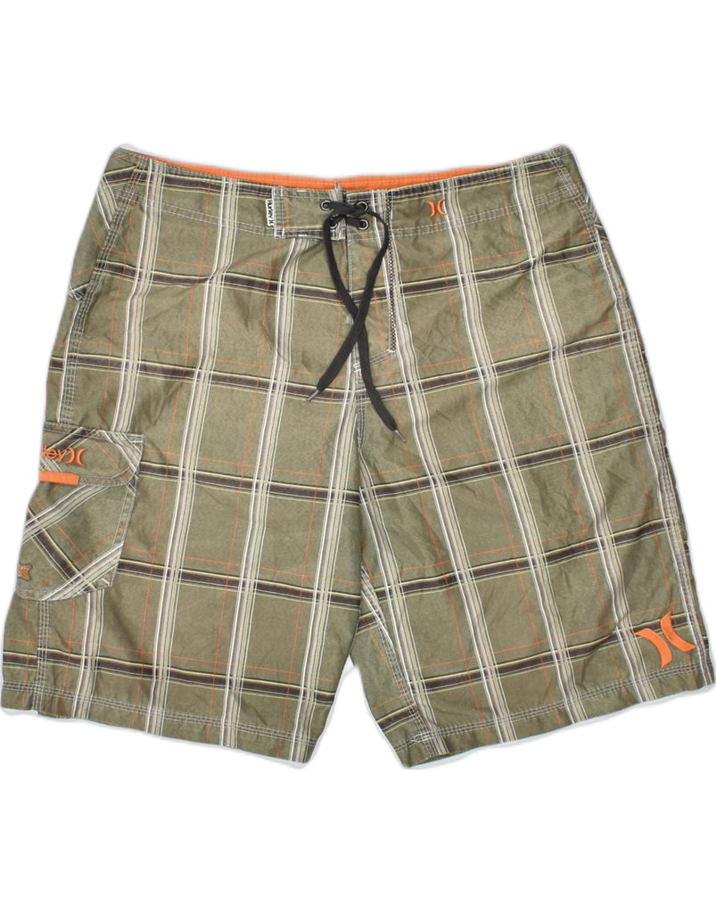 HURLEY Mens Cargo Swimming Shorts Large Green Check Polyester | Vintage | Thrift | Second-Hand | Used Clothing | Messina Hembry 