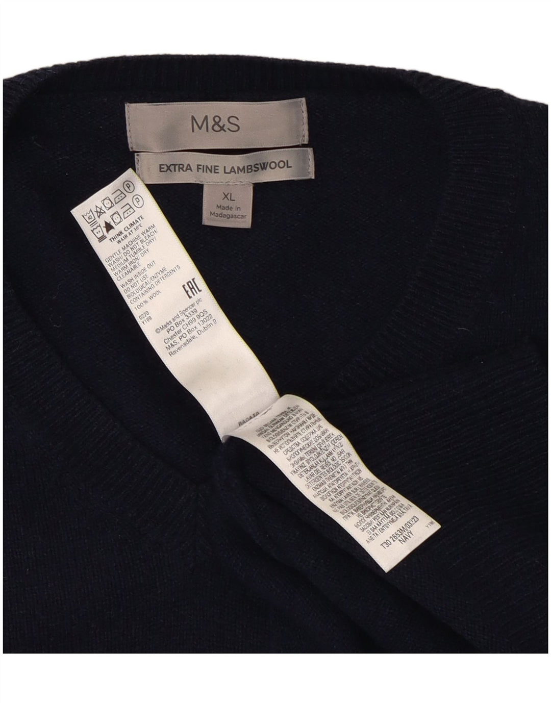 Marks & Spencer Mens V-Neck Jumper Sweater XL Navy Blue Wool