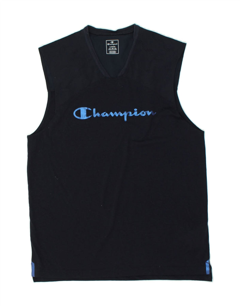 CHAMPION Mens Graphic Vest Top Large Navy Blue Polyester | Vintage Champion | Thrift | Second-Hand Champion | Used Clothing | Messina Hembry 