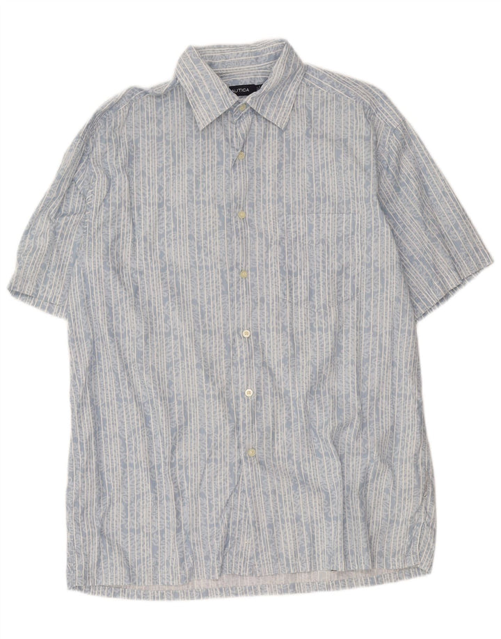 Nautica Mens Short Sleeve Shirt Large Blue Striped Cotton