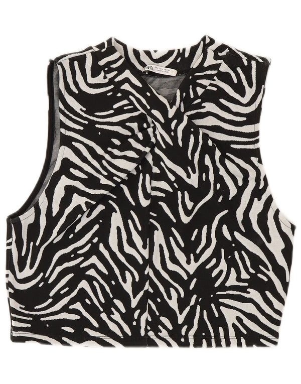Zara Womens Crop Vest Top UK 14 Large Black Animal Print Polyester