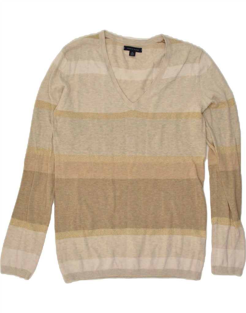 TOMMY HILFIGER Womens V-Neck Jumper Sweater UK 6 XS Beige Striped Cotton | Vintage Tommy Hilfiger | Thrift | Second-Hand Tommy Hilfiger | Used Clothing | Messina Hembry 