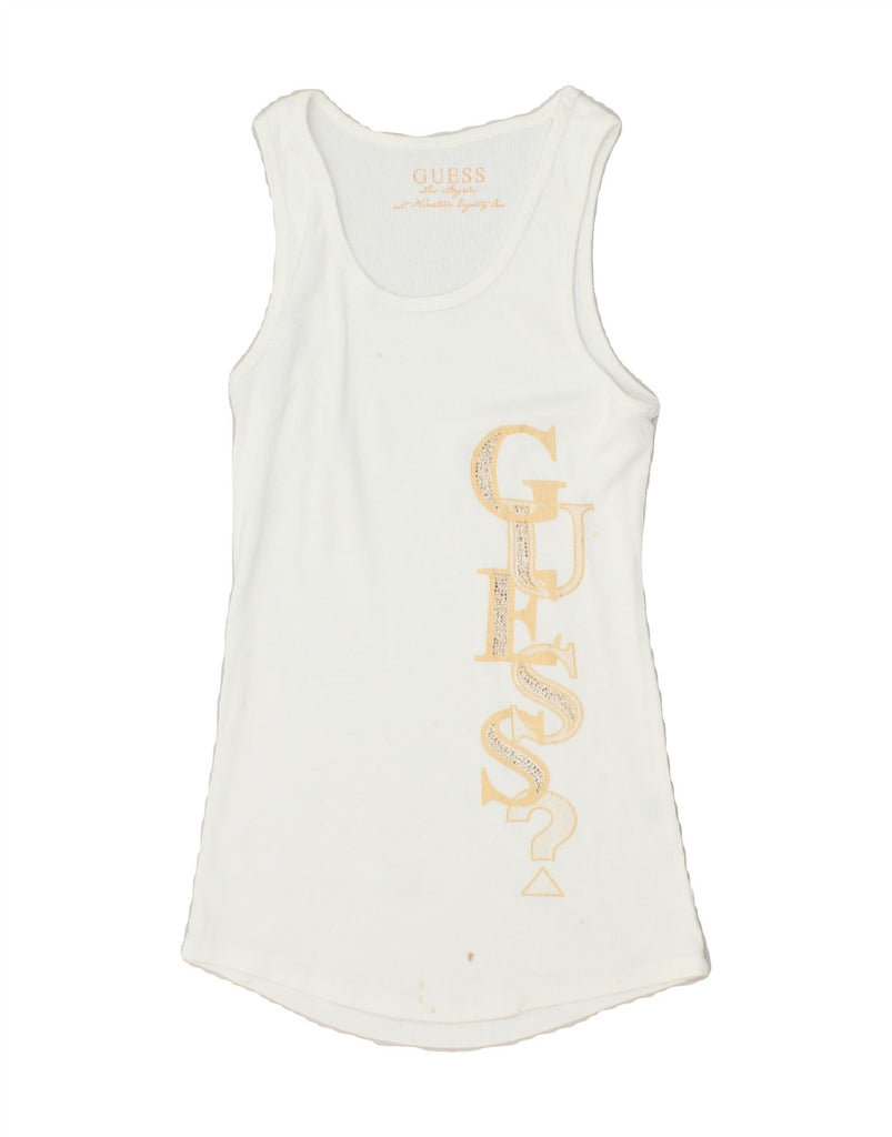 GUESS Womens Graphic Vest Top UK 8 Small White Vintage Guess and Second-Hand Guess from Messina Hembry 