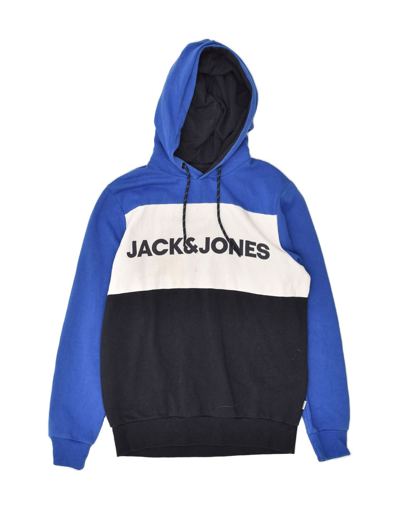 JACK & JONES Mens Graphic Hoodie Jumper Medium Blue Colourblock Cotton | Vintage Jack & Jones | Thrift | Second-Hand Jack & Jones | Used Clothing | Messina Hembry 