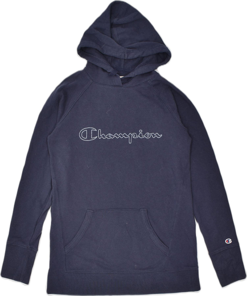 CHAMPION Womens Oversized Graphic Hoodie Jumper UK 10 Small Navy Blue | Vintage | Thrift | Second-Hand | Used Clothing | Messina Hembry 