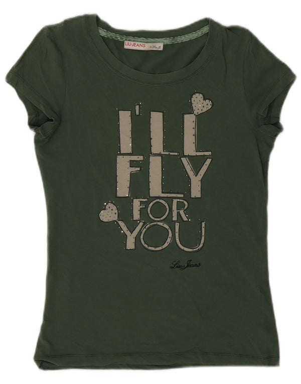 Liu Jo Womens Graphic T-Shirt Top UK 6 XS Green Cotton