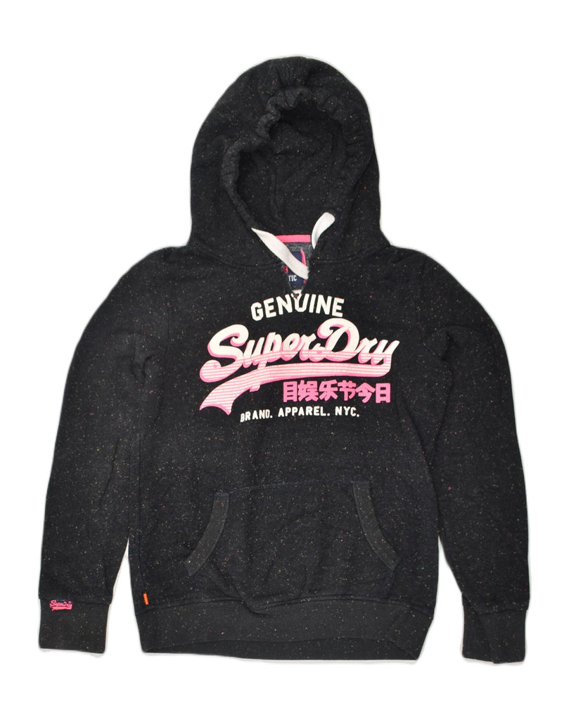 SUPERDRY Womens Graphic Hoodie Jumper UK 10 Small Black Cotton | Vintage Superdry | Thrift | Second-Hand Superdry | Used Clothing | Messina Hembry 