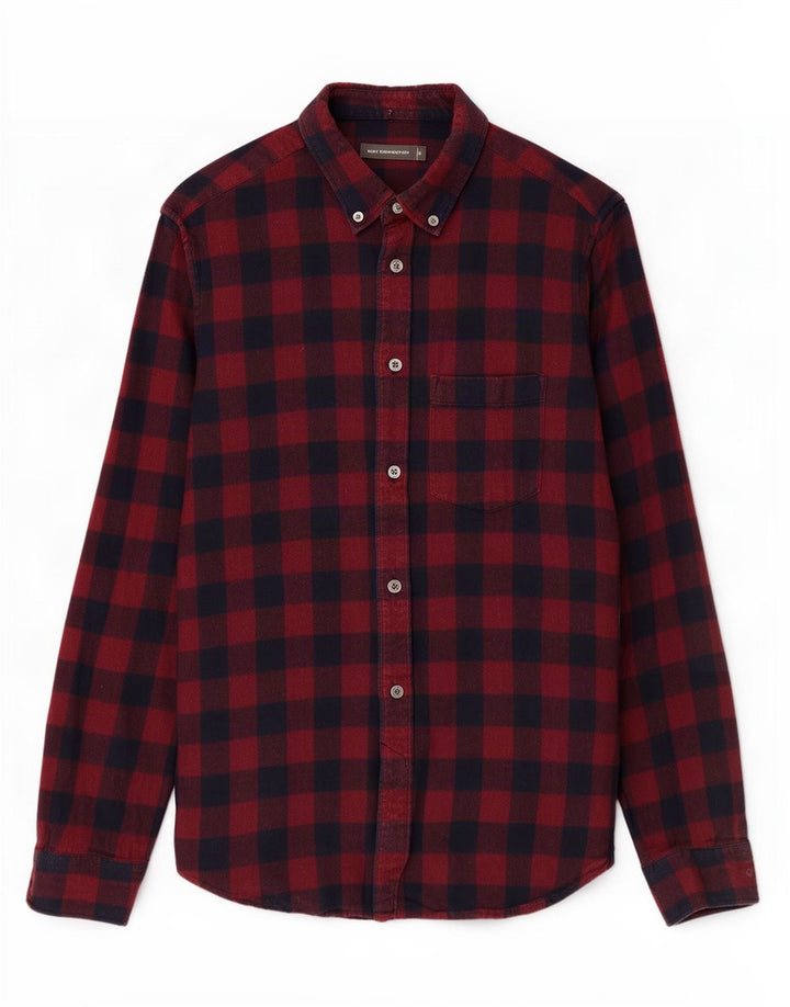 French Connection Mens Flannel Shirt Small Burgundy Check Cotton