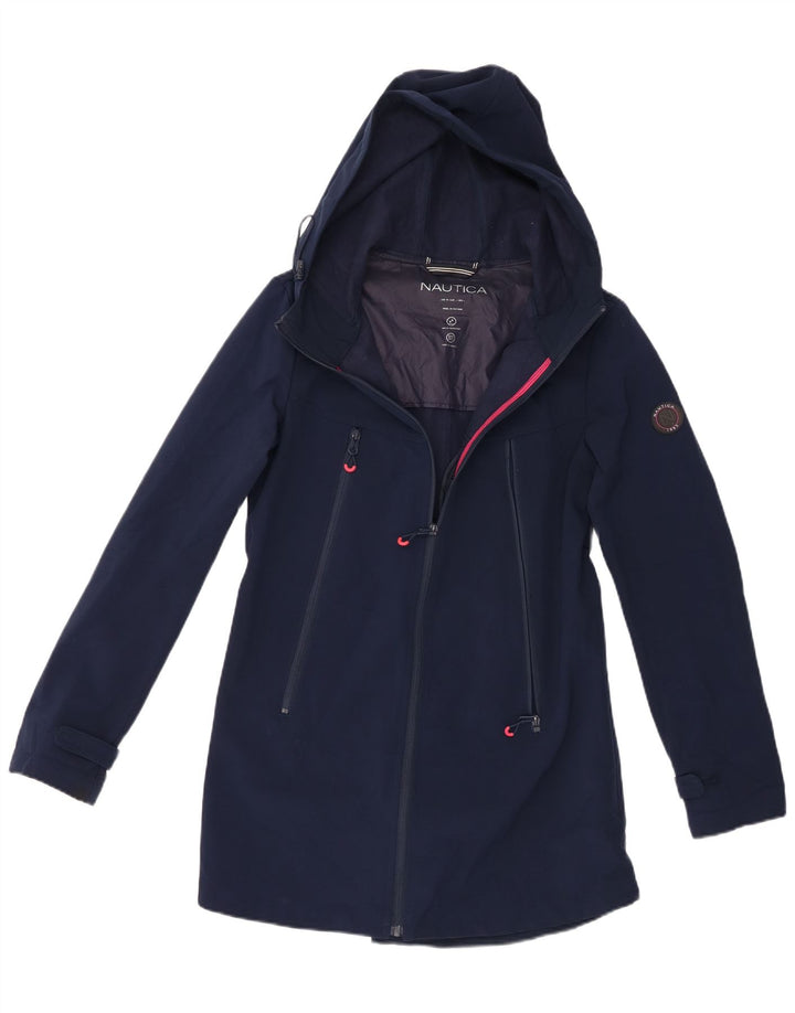 Nautica Womens Hooded Rain Jacket UK 14 Large Navy Blue Polyester