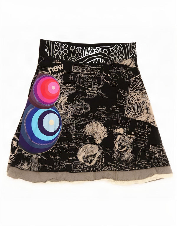 Desigual Womens Graphic A-Line Skirt Large W32 Black Geometric Cotton