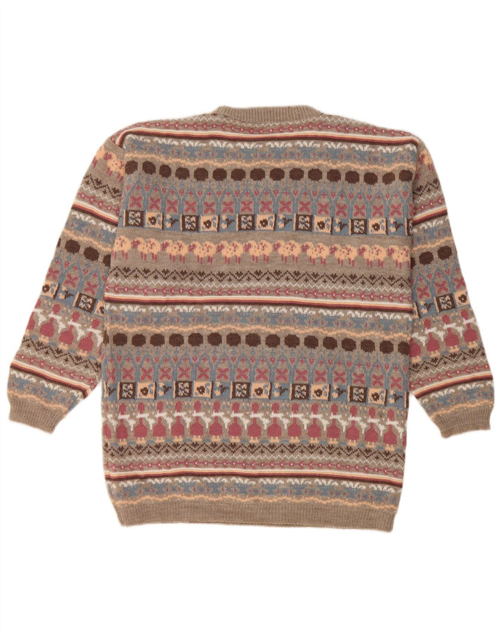 Vintage Womens Crew Neck Jumper Sweater UK 14 Medium Beige Geometric