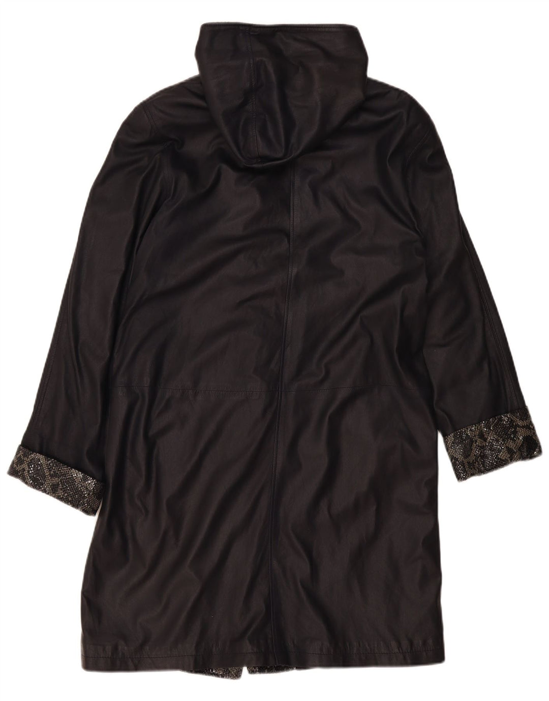 Rugano Womens Hooded Leather Coat IT 42 Medium Navy Blue Animal Print