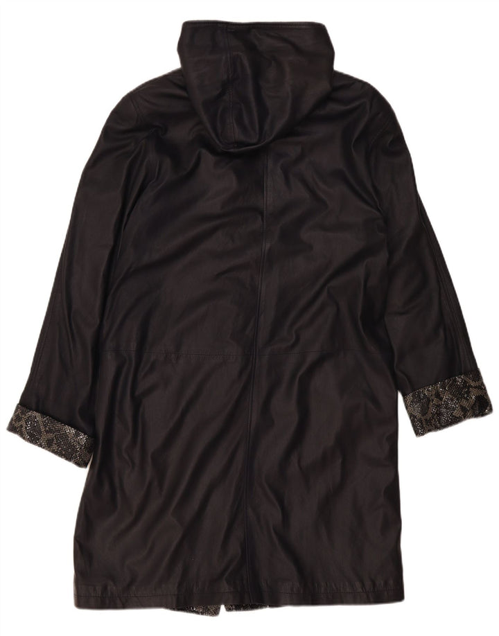 Rugano Womens Hooded Leather Coat IT 42 Medium Navy Blue Animal Print