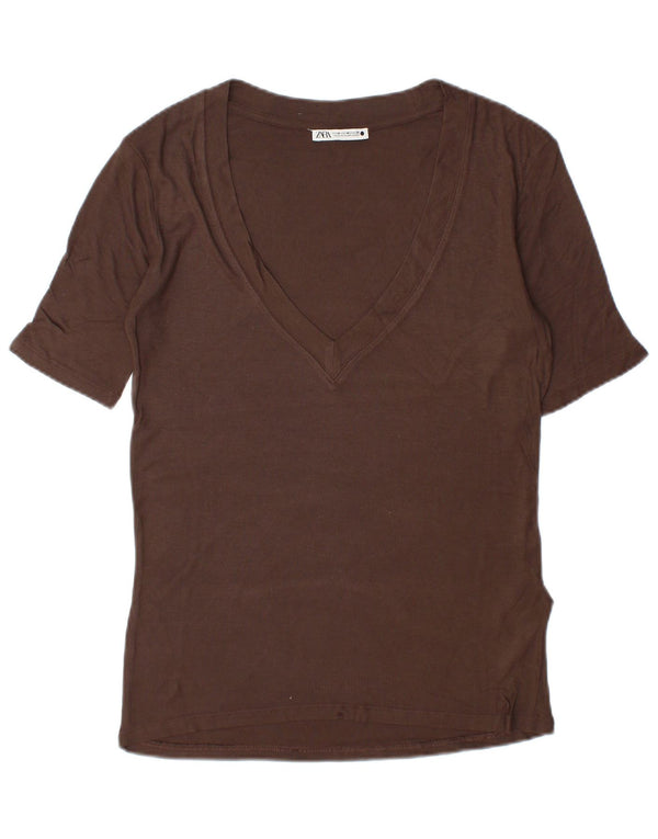 Zara Womens T-Shirt Top UK 14 Medium Brown Viscose