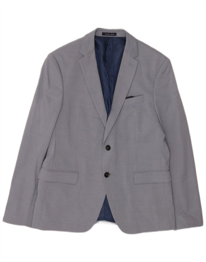 Zara Mens 2 Button Blazer Jacket EU 52 Large Blue Polyester