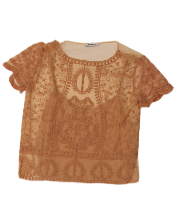 Zara Womens See Through Top UK 14 Large Beige Floral Bohemian