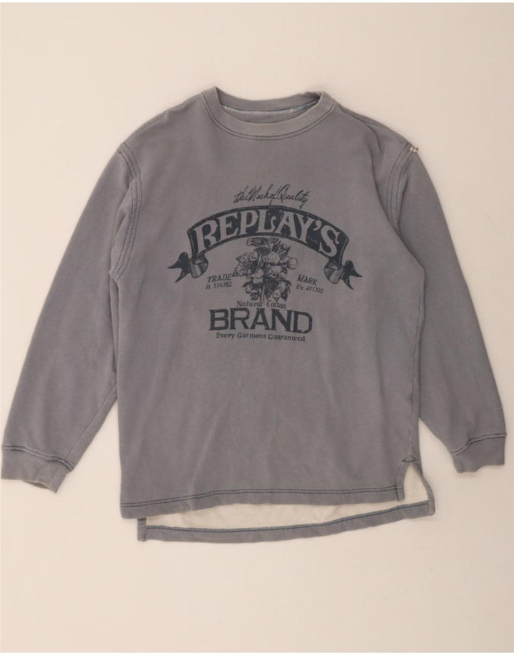 REPLAY Womens Graphic Sweatshirt Jumper UK 14 Medium Blue Cotton Vintage Replay and Second-Hand Replay from Messina Hembry 