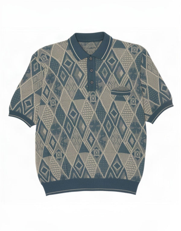 Vintage Mens Polo Neck Jumper Sweater IT 52/54 Large Blue Geometric