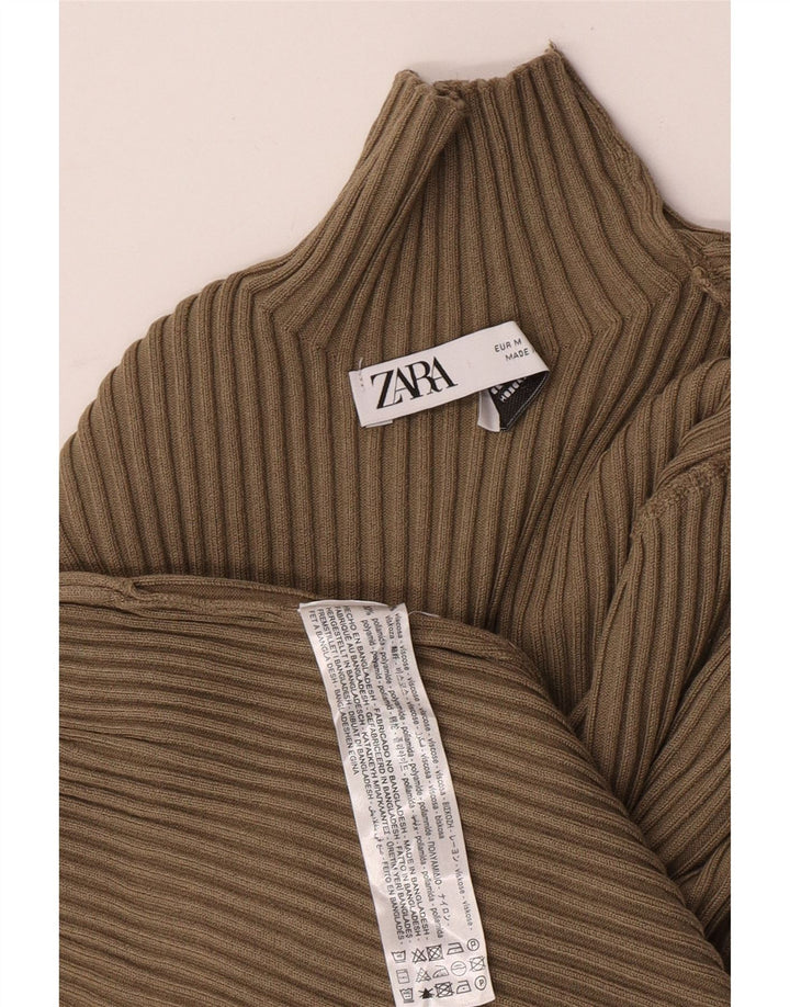 Zara Womens Crop Roll Neck Top Long Sleeve UK 12 Medium Khaki Viscose