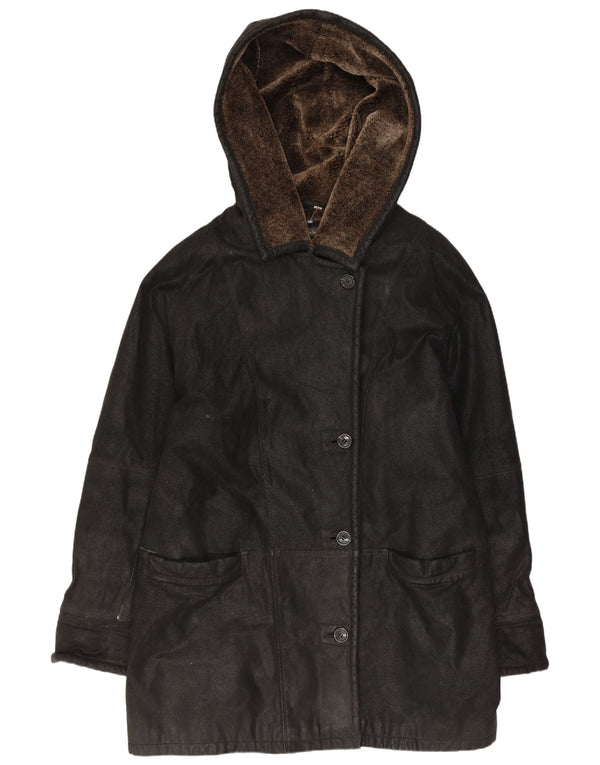 Leather Sound Womens Hooded Shearling Coat EU 44 XL Black Leather Winter