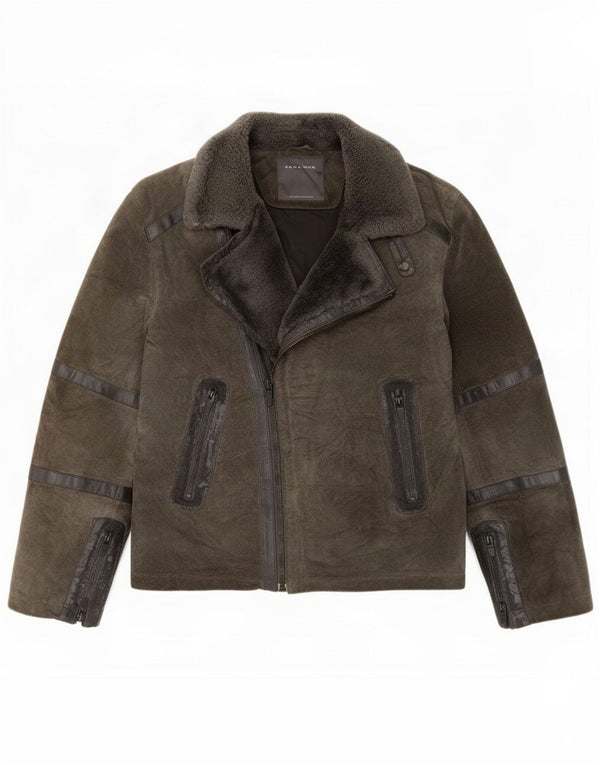 Zara Mens Suede Biker Jacket UK 40 Large Khaki