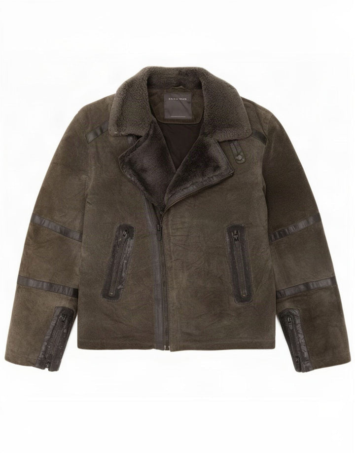 Zara Mens Suede Biker Jacket UK 40 Large Khaki