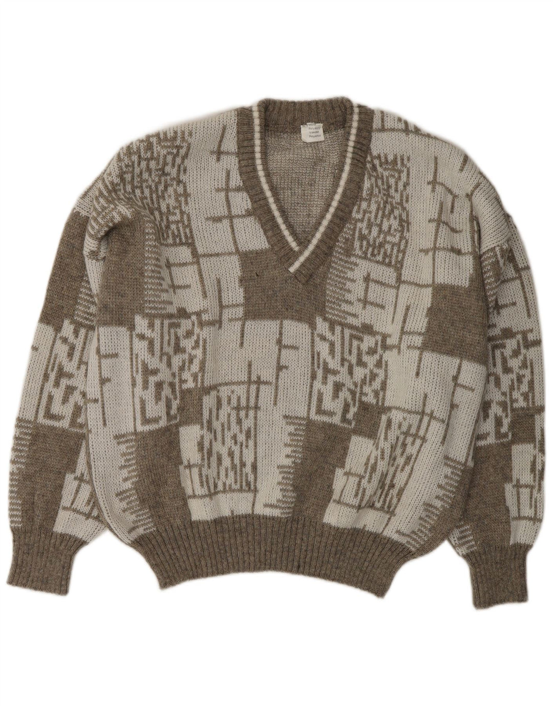 VINTAGE Mens V-Neck Jumper Sweater XL Beige Geometric Wool
