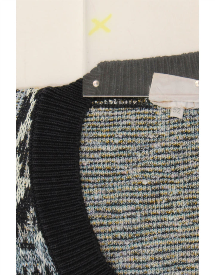 FIUME Mens Abstract Pattern V-Neck Jumper Sweater IT 52 Large Navy Blue Vintage Fiume and Second-Hand Fiume from Messina Hembry 