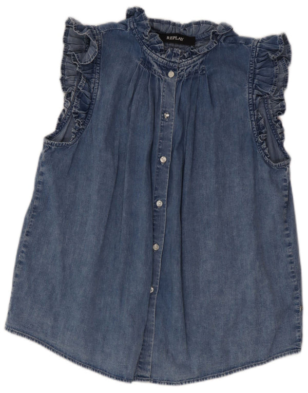 Replay Womens Short Sleeve Denim Shirt Blouse UK 14 Medium Blue Cotton