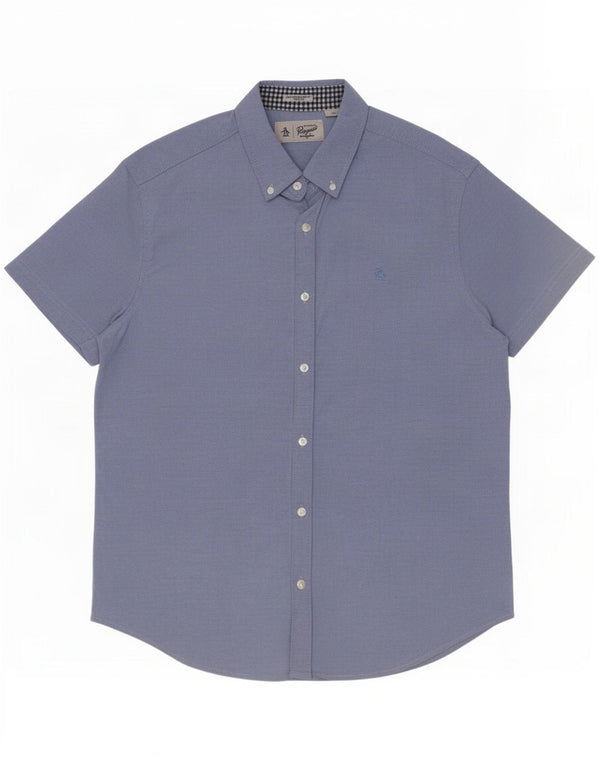 Penguin Mens Heritage Short Sleeve Slim Fit Shirt Large Blue Cotton