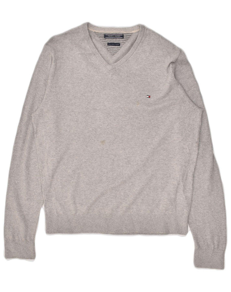 TOMMY HILFIGER Mens V-Neck Jumper Sweater Medium Grey Cotton | Vintage Tommy Hilfiger | Thrift | Second-Hand Tommy Hilfiger | Used Clothing | Messina Hembry 