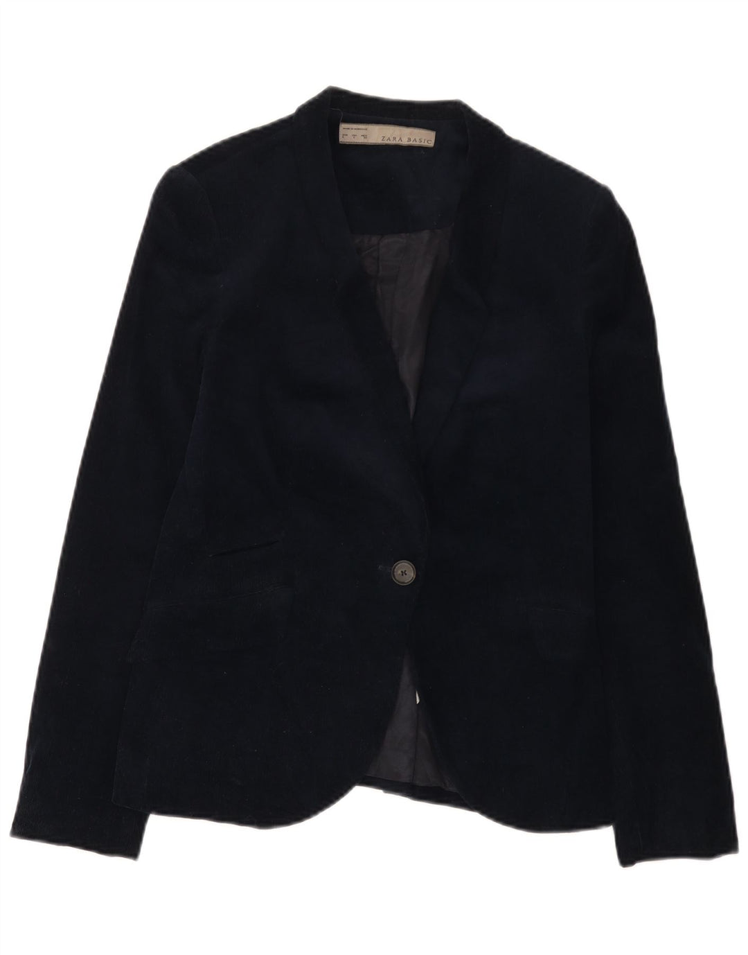 Zara Womens 1 Button Corduroy Blazer Jacket UK 14 Large Navy Blue Cotton
