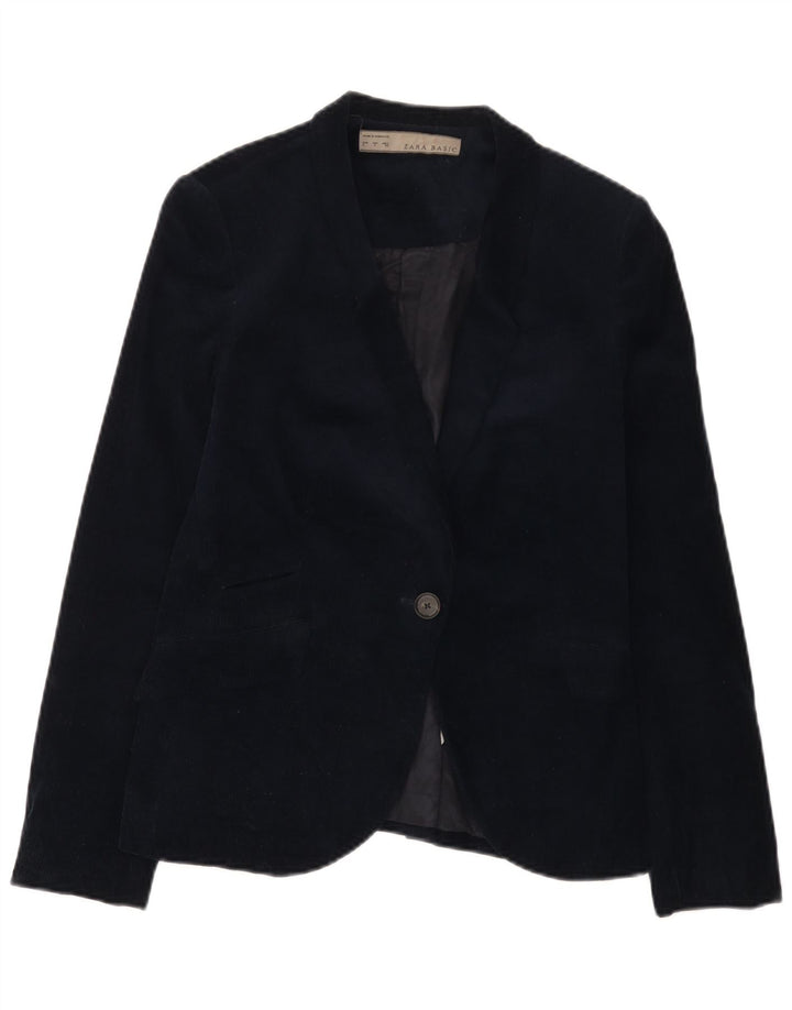 Zara Womens 1 Button Corduroy Blazer Jacket UK 14 Large Navy Blue Cotton