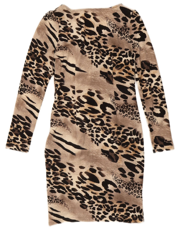 Vintage Womens Long Sleeve Sheath Dress UK 12 Medium Brown Animal Print