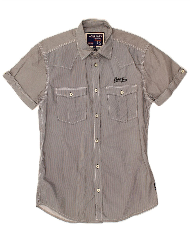 JACK & JONES Mens Graphic Short Sleeve Shirt Small Grey Pinstripe Cotton Vintage Jack & Jones and Second-Hand Jack & Jones from Messina Hembry 