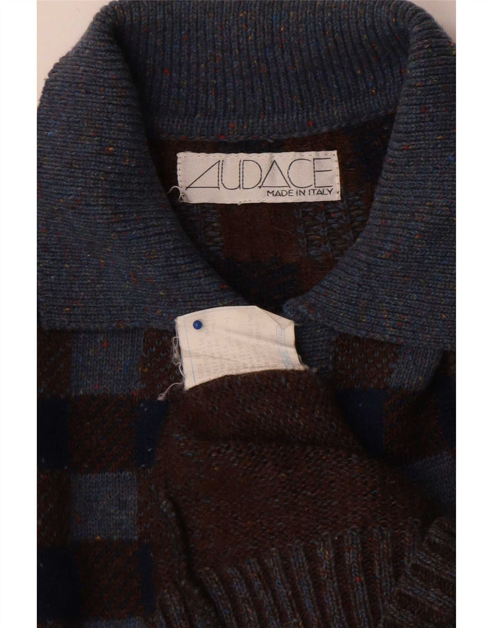 Vintage Mens Polo Neck Jumper Sweater Large Grey Check Wool