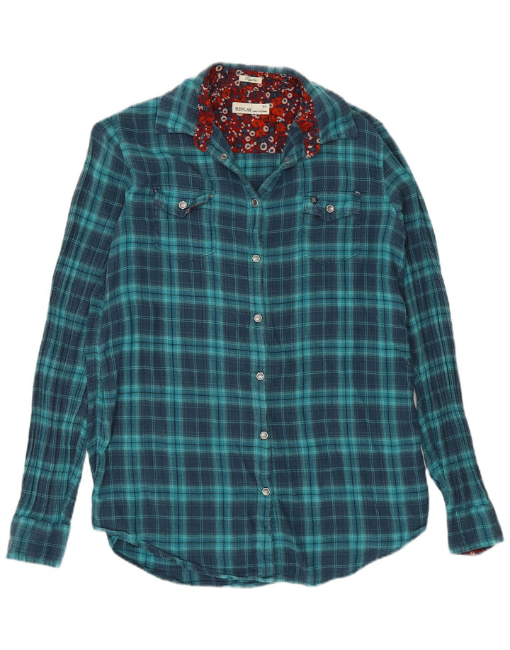 Replay Womens Regular Flannel Shirt UK 10 Small Blue Check Cotton