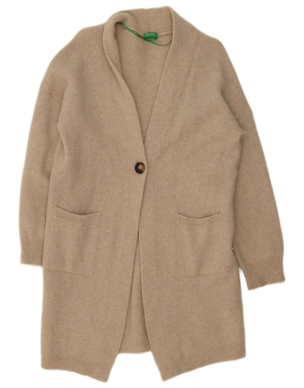 Benetton Womens Longline Cardigan Sweater UK 14 Large Beige Wool