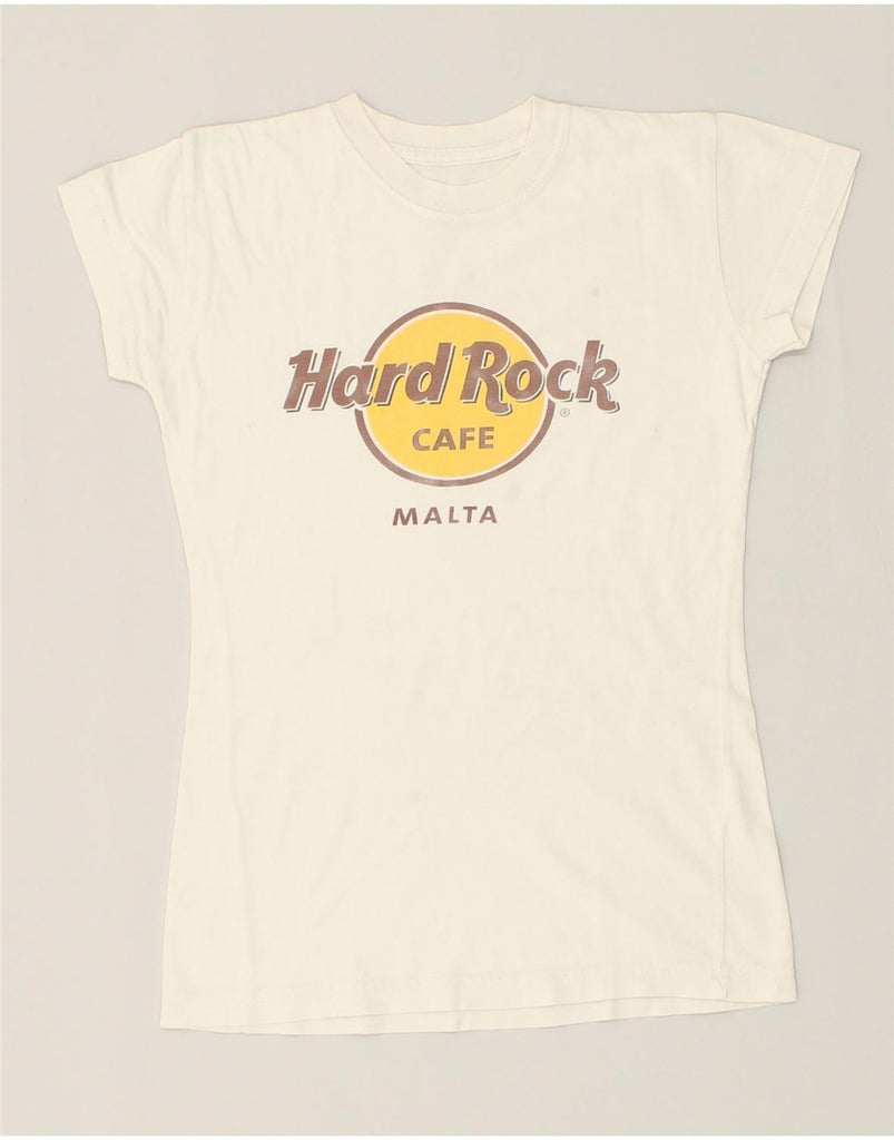 HARD ROCK CAFE Womens Malta Graphic T-Shirt Top UK 6 XS Beige Cotton | Vintage Hard Rock Cafe | Thrift | Second-Hand Hard Rock Cafe | Used Clothing | Messina Hembry 