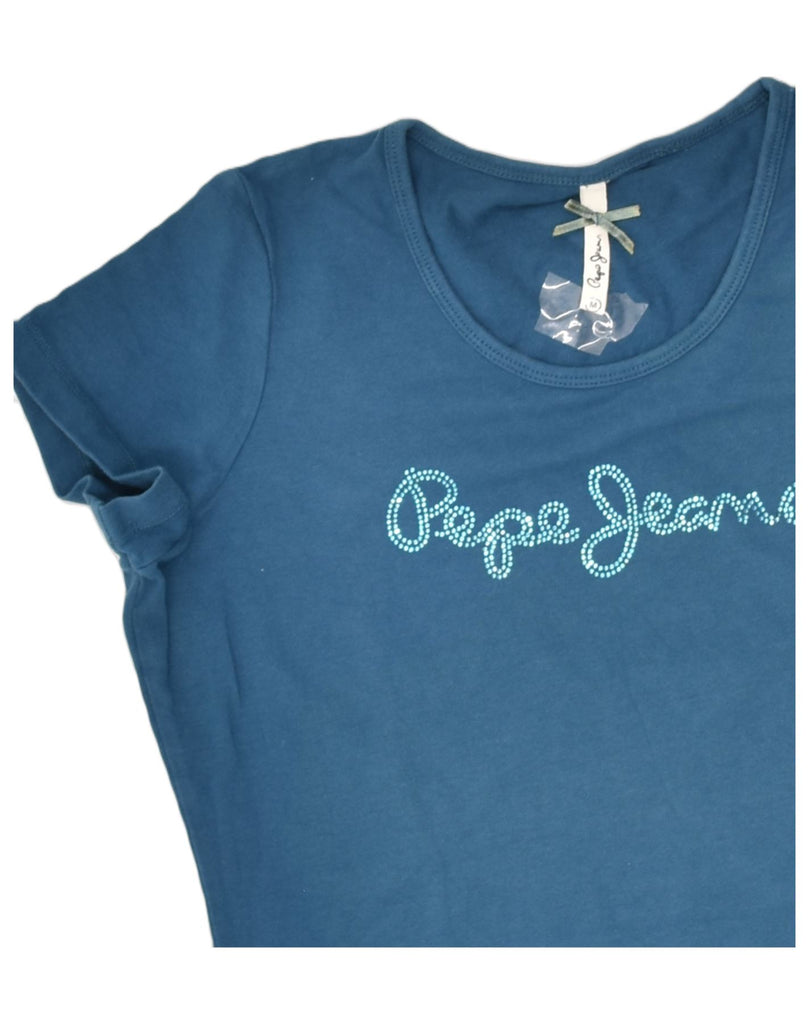 PEPE JEANS Womens Graphic T-Shirt Top UK 12 Medium Blue Cotton | Vintage PEPE Jeans | Thrift | Second-Hand PEPE Jeans | Used Clothing | Messina Hembry 