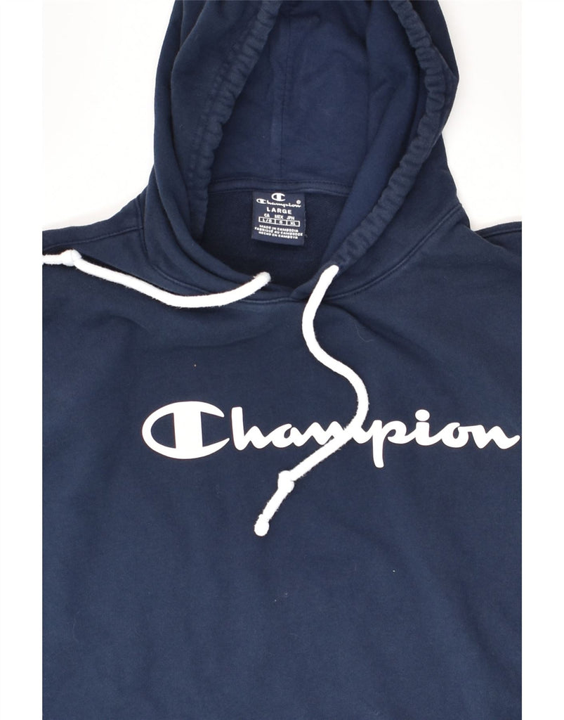 CHAMPION Mens Graphic Hoodie Jumper Large Navy Blue Cotton | Vintage Champion | Thrift | Second-Hand Champion | Used Clothing | Messina Hembry 