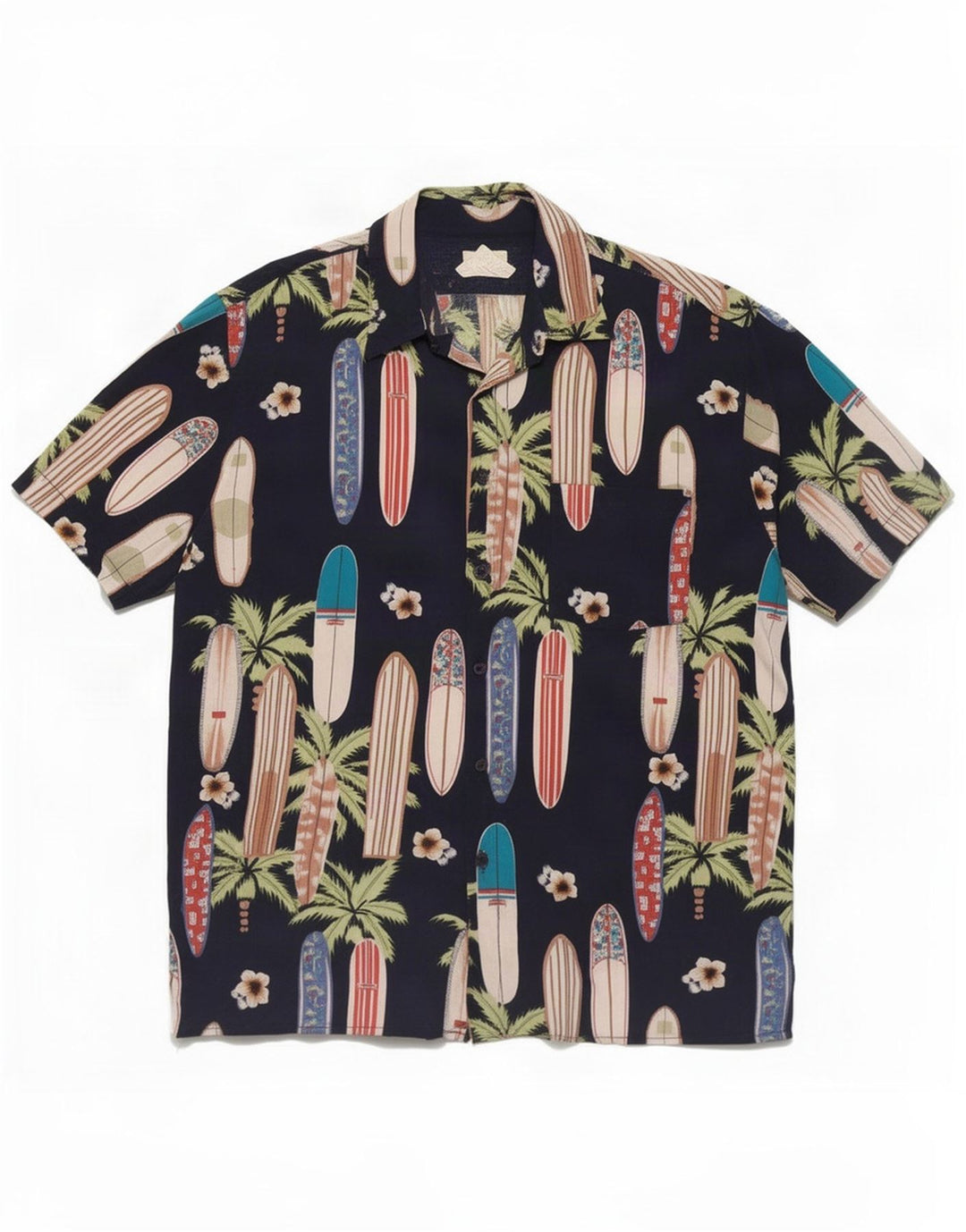 Vintage Mens Abstract Pattern Short Sleeve Shirt Large Navy Blue Rayon