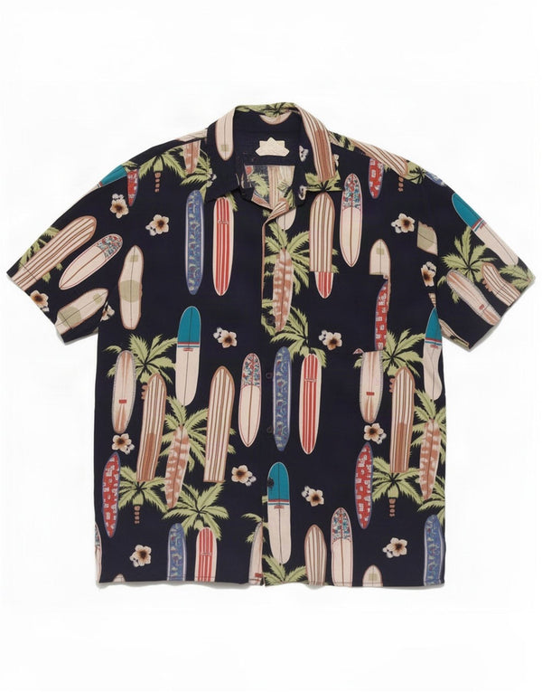 Vintage Mens Abstract Pattern Short Sleeve Shirt Large Navy Blue Rayon